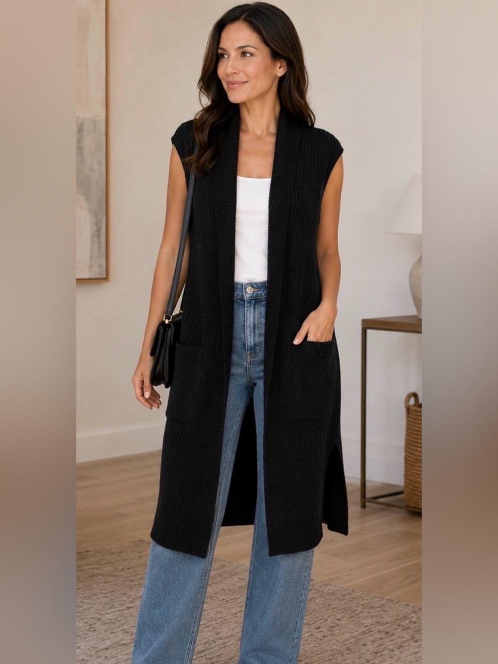 Halogen cashmere Sleeveless Long Knit Cardigan Vest